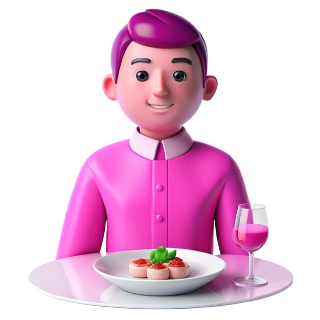 PSD a pink figure with a glass of wine and a plate of food