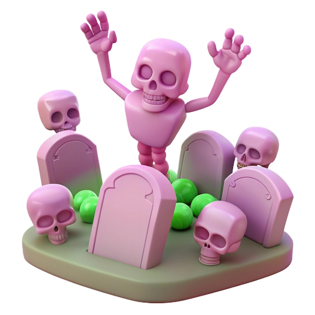 a pink figurine with a pink skull and four small skulls