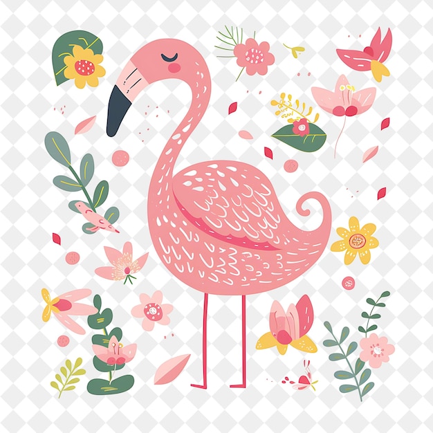 PSD a pink flamingo with a pink beak is standing in a circle of flowers