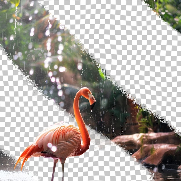 PSD a pink flamingo with a reflection of a bird in the water