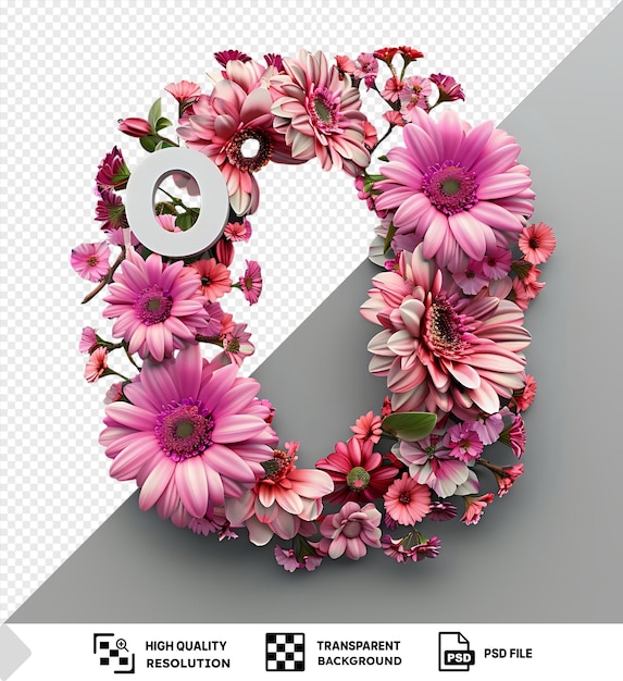 PSD pink flowers encircling a white letter o against an isolated background