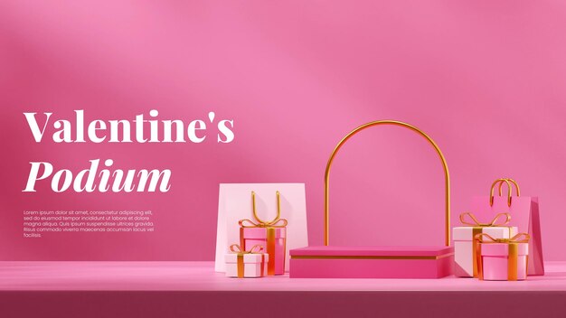 pink gift box and gold arch backdrop 3d render template mockup rectangle block podium in landscape