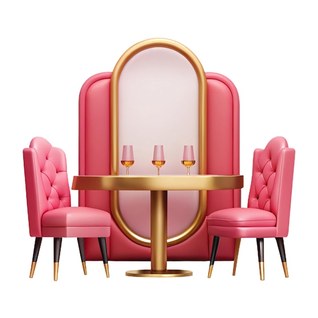 PSD a pink and gold chair with a gold frame and a mirror on the top