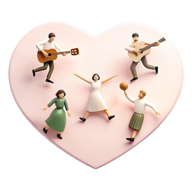 PSD a pink heart with people on it and a woman in a white dress is playing guitar