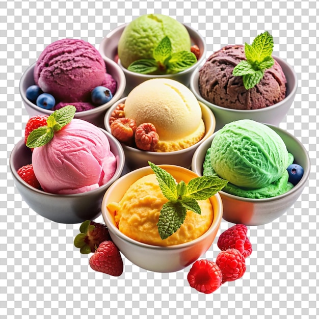 PSD pink ice cream with raspberries and a leaf on transparent background