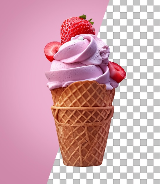 A pink ice cream with strawberries on it.