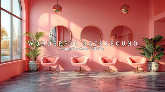 PSD pink interior design with round mirrors and velvet chairs