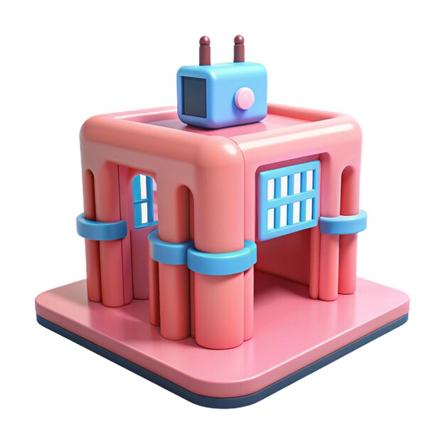 a pink lego model with a blue house on top of it