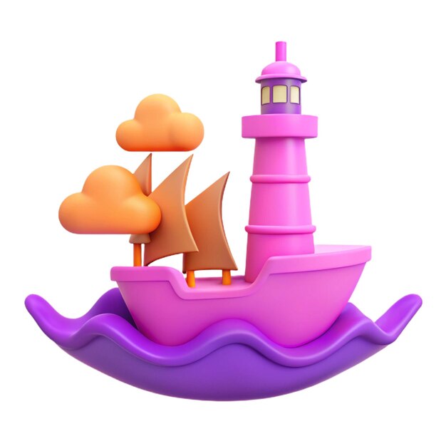 PSD a pink lighthouse with a boat and clouds on it