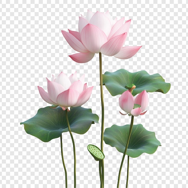 PSD pink lotus flowers with green leaves