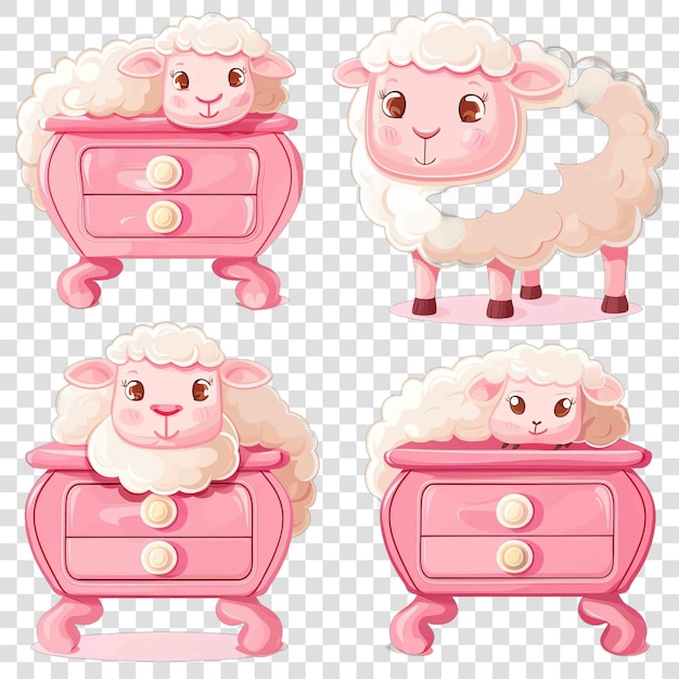 PSD pink nightstand with sheeps watercolor nurseryon transparent background