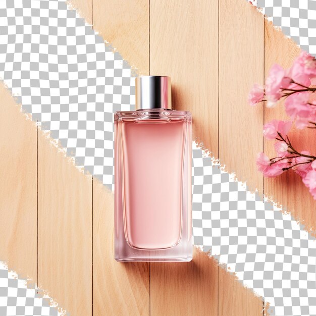 PSD pink perfume bottle on dark table seen from above transparent background