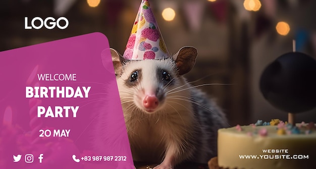 A pink possum with a birthday card for a birthday party.