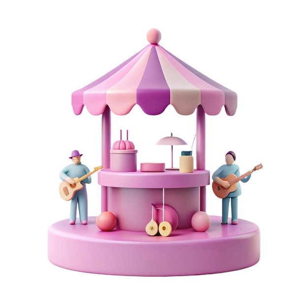 a pink and purple gazebo with two men playing guitar