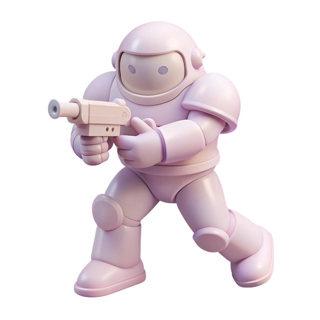 a pink robot with a blue face holding a gun