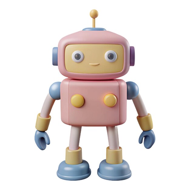 a pink robot with a blue nose and a black nose