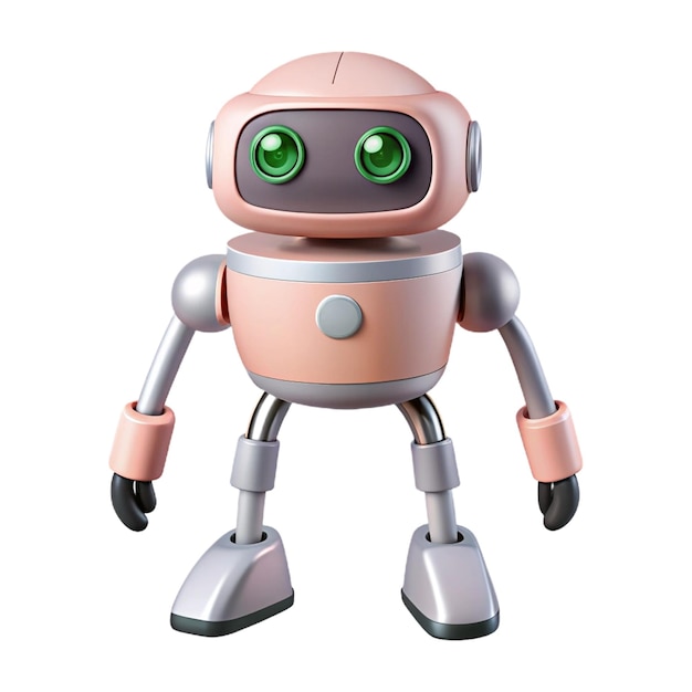 a pink robot with green eyes and a black nose