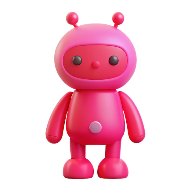 a pink robot with a pink nose and a white button on the front