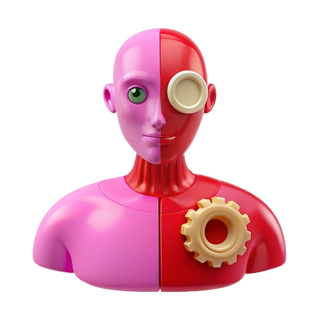 a pink robot with a red face and a red circle around the face