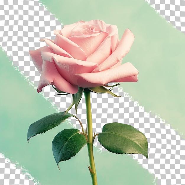 a pink rose with green leaves and a white background.