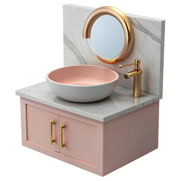 a pink sink with a mirror on the top of it