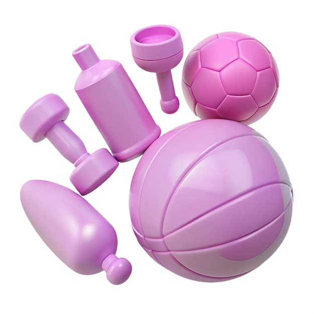 PSD a pink soccer ball and other items including a pink bottle of pink and purple