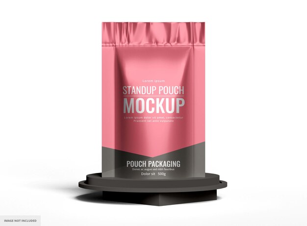 Pink Standup Matte Seal Pouch Bag Mockup on Podium with Light Background