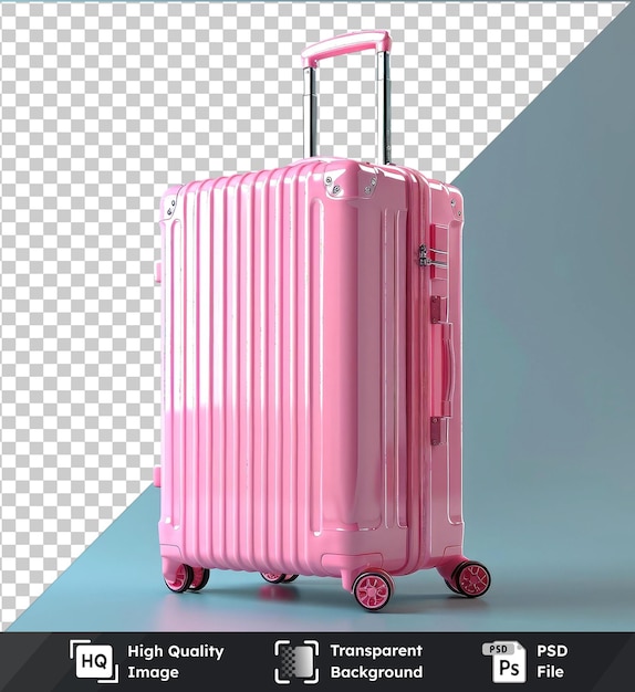 Pink suitcase with black wheels and silver handle against a blue wall with red and pink reflection