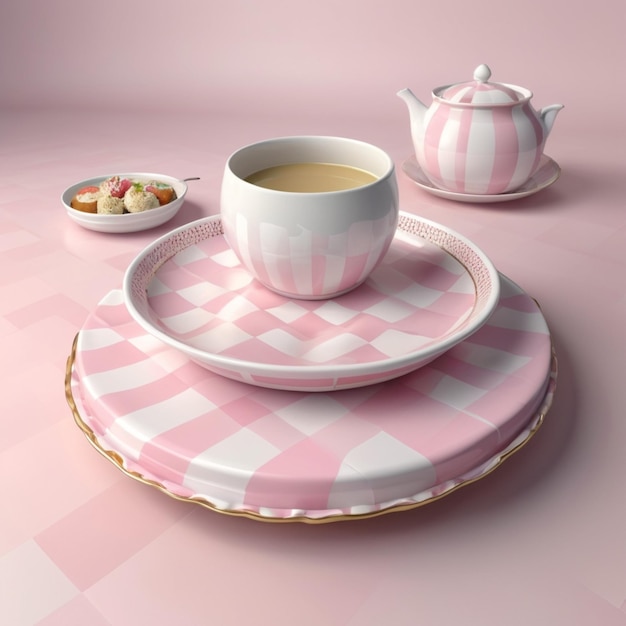 a pink table with tea and tea set on it