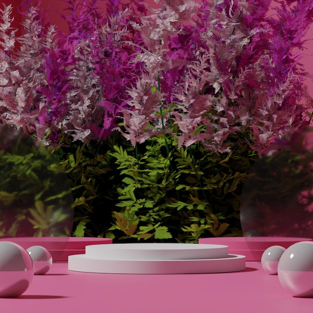 A pink table with white and purple flowers and a vase with white balls on it.