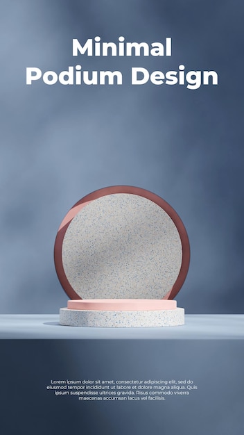 PSD pink and terrazzo podium in portrait blue color wall and circle 3d render image blank mockup