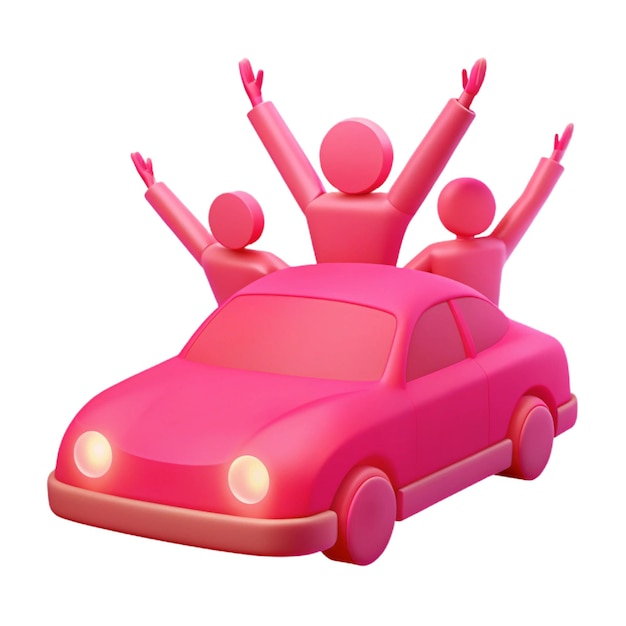 a pink toy car with people in the back and arms up in the air