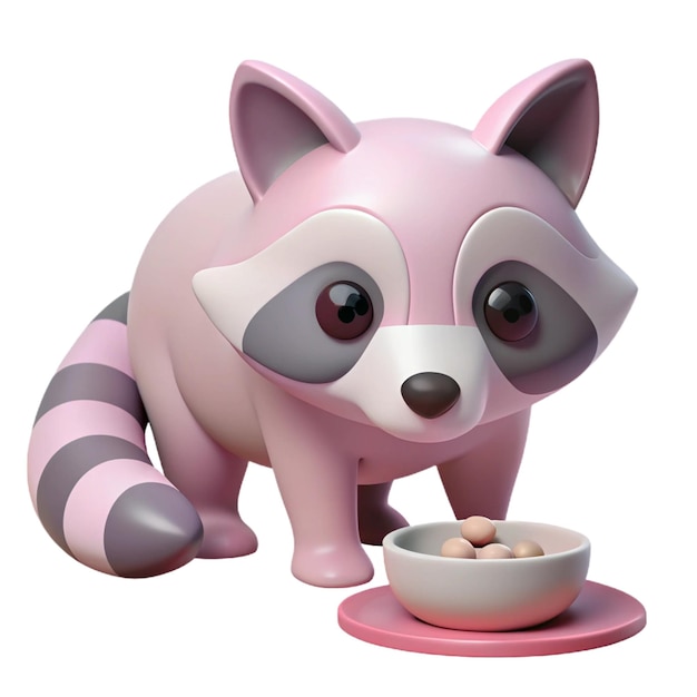 a pink toy with a striped tail sits next to a bowl of eggs