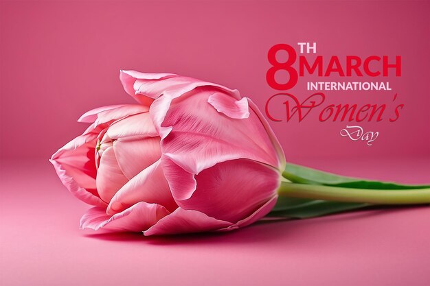 Pink tulips on pink parchment paper background happy womens day 8 march