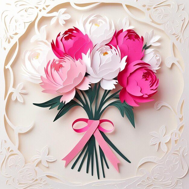 PSD a pink and white bouquet of flowers with a pink ribbon in the background