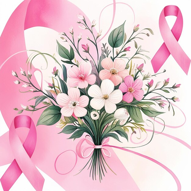 PSD a pink and white bouquet of flowers with a pink ribbon in the background