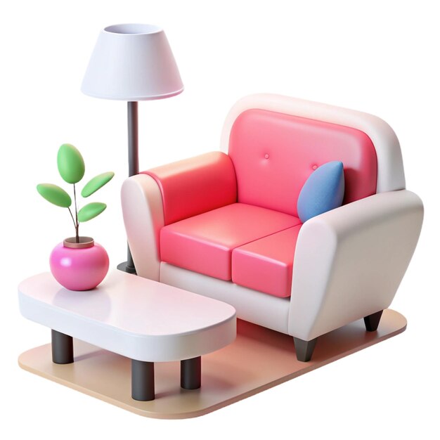 a pink and white chair with a plant on it and a lamp on the table