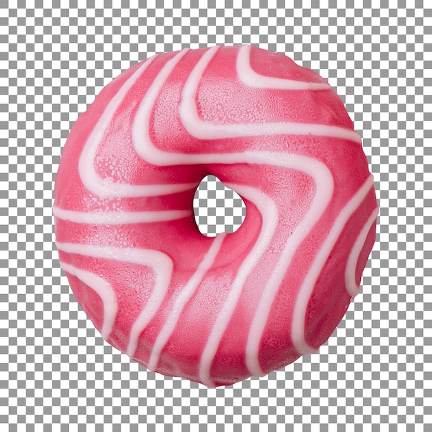 A pink and white donut with white stripes on transparent background