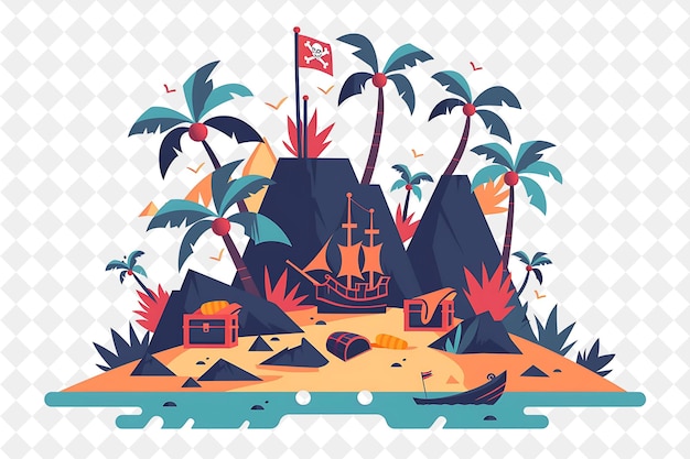 PSD pirate island with pirate characters having a treasure hunt people life style flat illustration