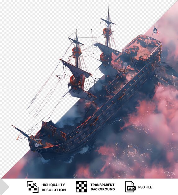 PSD a pirate ship sails through a sea of clouds with a transparent background