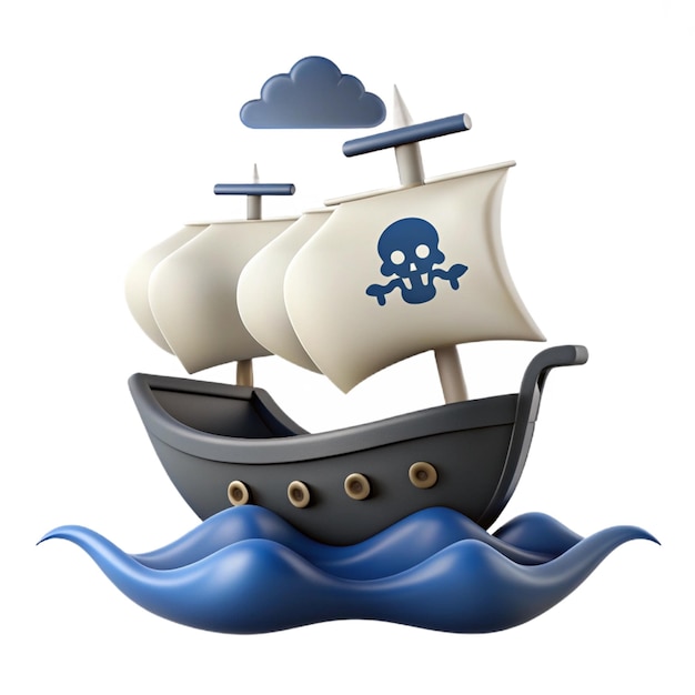 a pirate ship with a blue and white sail and a blue and white skull