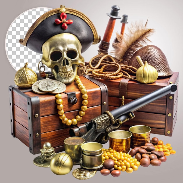 PSD pirate theme logo with skull on transparent background