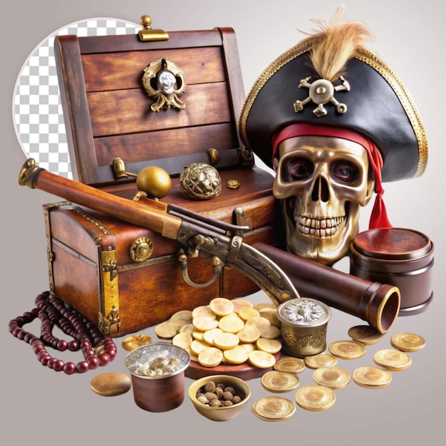 PSD pirate theme logo with skull on transparent background