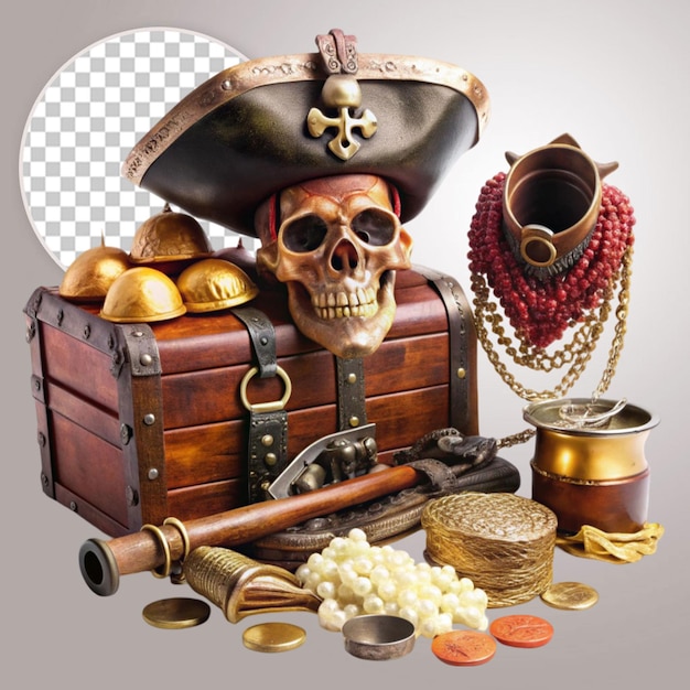 PSD pirate theme logo with skull on transparent background