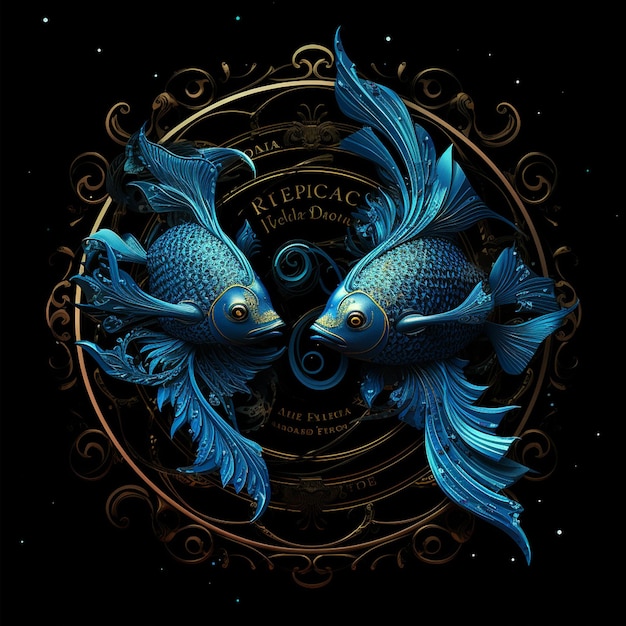 Pisces Zodiac Sign Golden and blue on a black background 3d rendering illustration