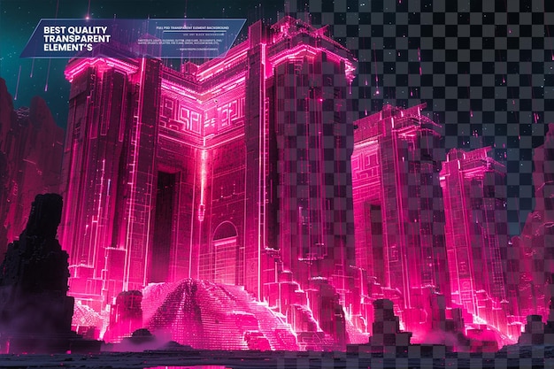 PSD pixel pantheon with glowing pink accents and glitch effects on transparent background