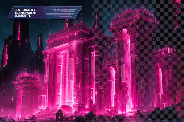 PSD pixel pantheon with glowing pink accents and glitch effects on transparent background