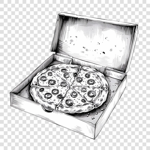 PSD pizza in a takeaway box italian food black and white