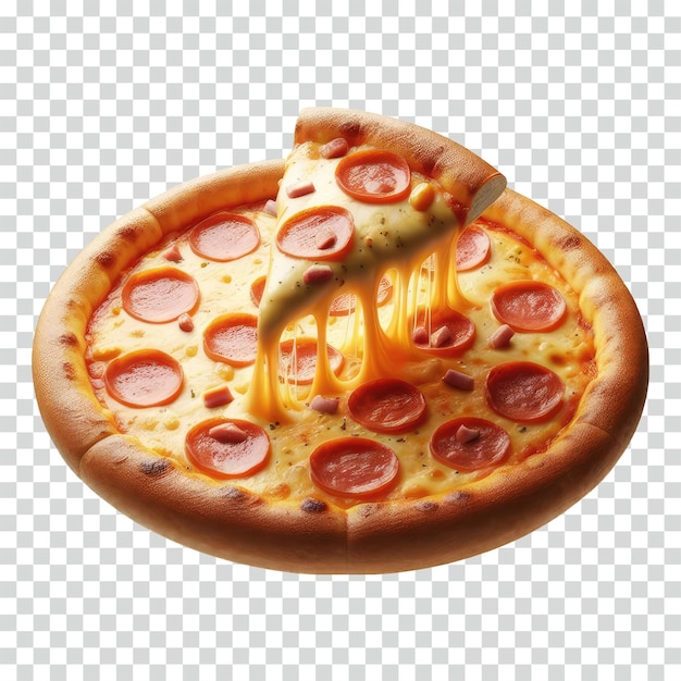 pizza with a floating single slice with melted cheese transparent background