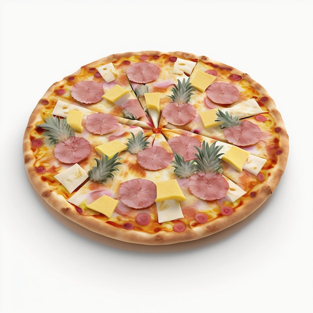 A pizza with ham, pineapple, and pineapple on it.